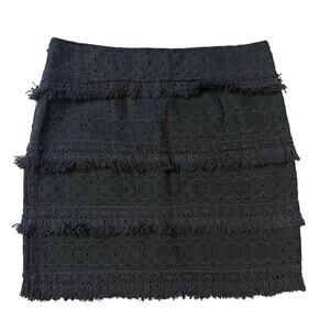 Anthropologie HD in Paris Black, Eyelet, Fringe, Linen Blend Pencil Skirt- 12